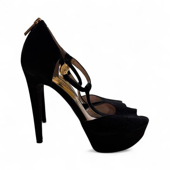 Michael Kors Black Suede Gold Hardware Platform Heels (8.5) NWOB - Picture 2 of 6